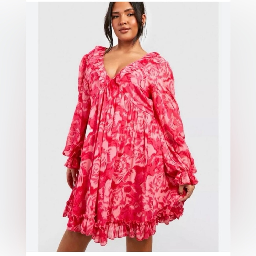 Boohoo Pink Ruffled Smocked Sundress with Bishop Sleeves